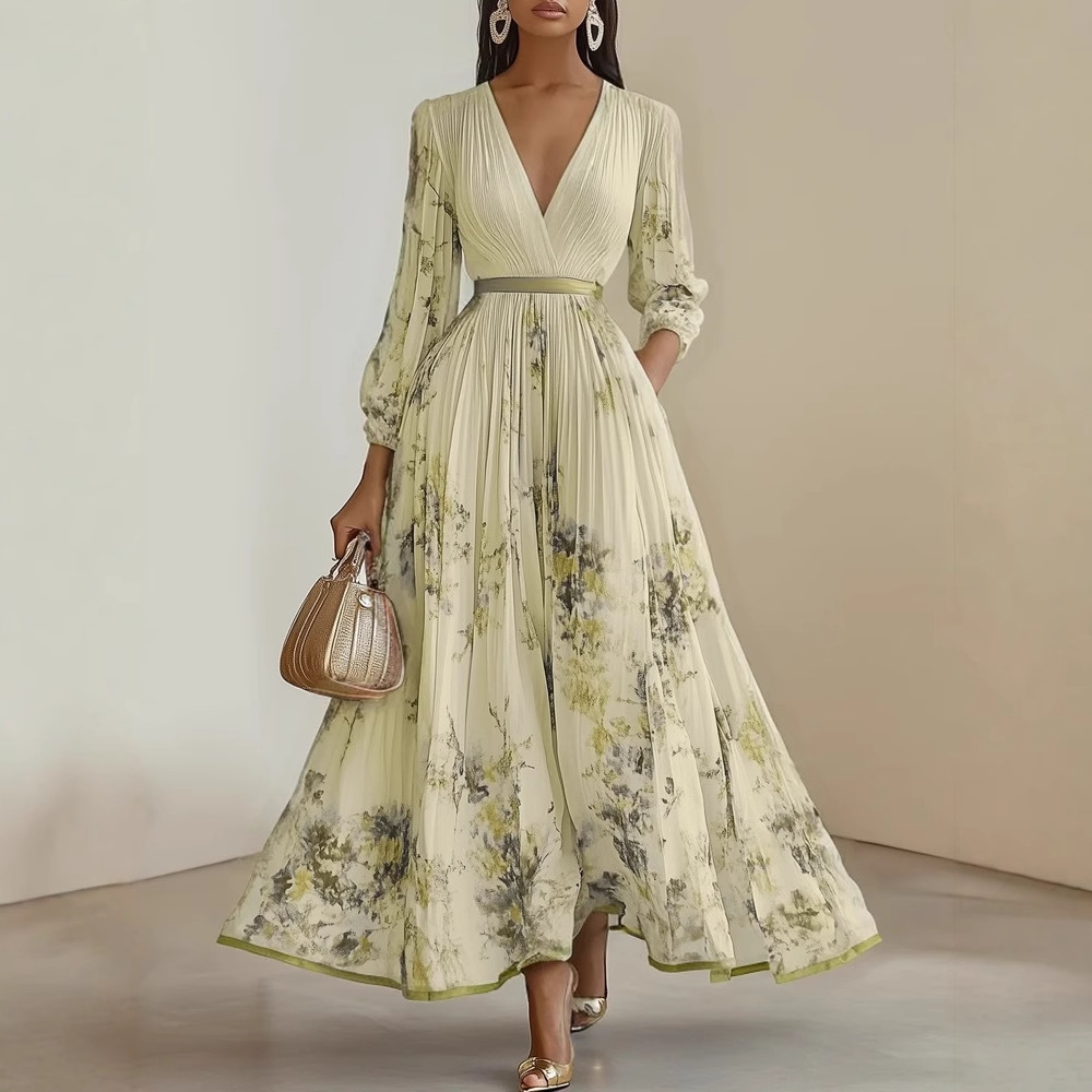 Elegant Floral Maxi Dress Women Long Sleeve Boho A-Line Pleated Dresses